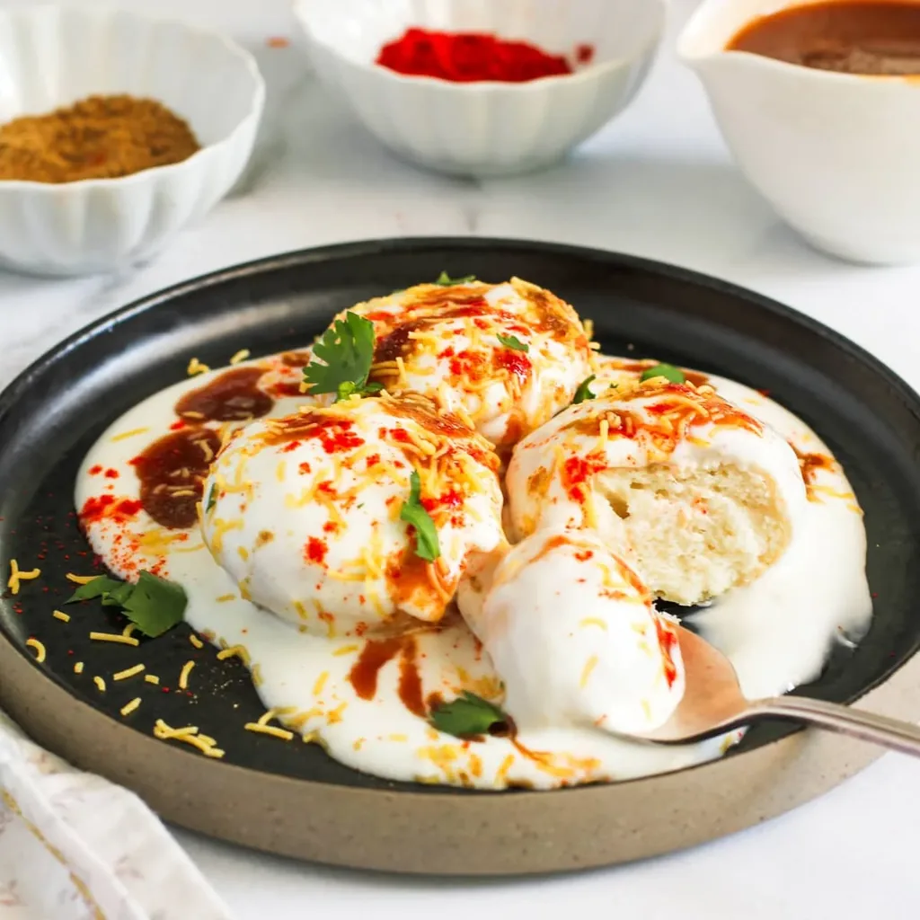 Dahi bhalla at Sweet-Chili Authentic Indian Restaurant Edmonton - soft lentil dumplings in sweetened yogurt with chutneys
