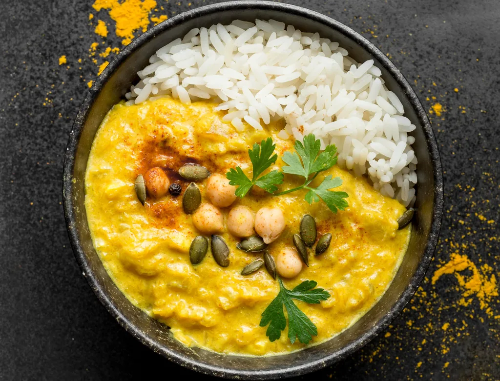 Kadhi chawal at Sweet-Chili Authentic Indian Restaurant Edmonton - tangy yogurt curry with pakoras served over steamed rice
